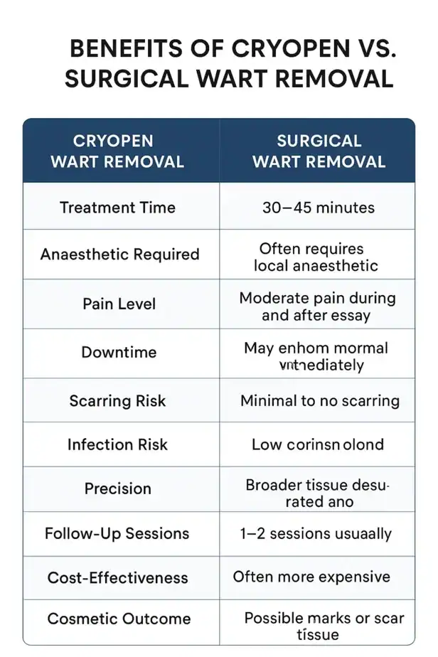 Table showing the benefits of cryopen to remove warts Cardiff compared to surgical treatment
